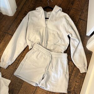 TNA light zip-up hoodie and matching sweat short set